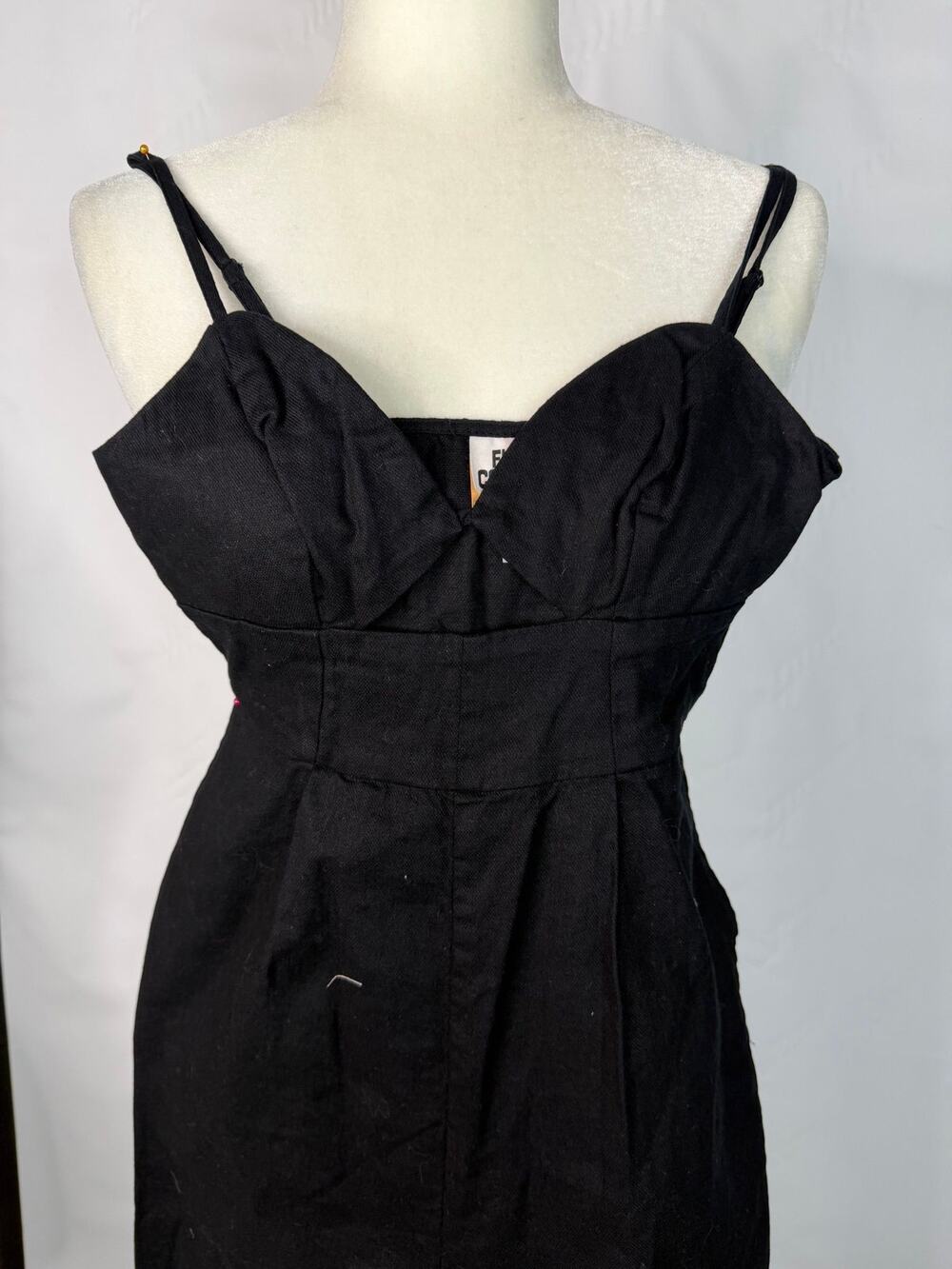 Black Linen Jumpsuit Adjustable Straps Frontside Peep